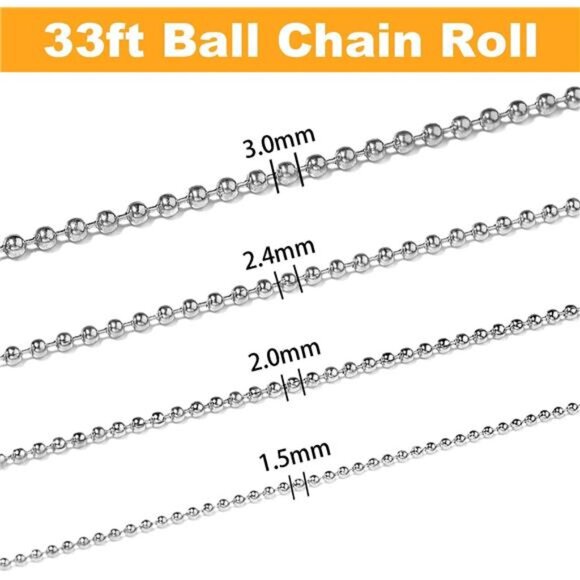 33ft Ball Chain 2.4mm Silver Stainless Steel Bead Link Chain Roll - Picture 2 of 7